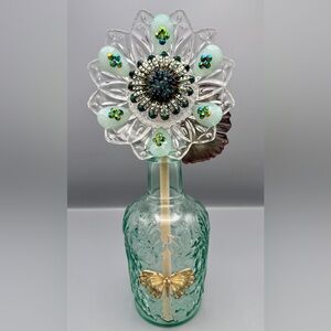 Handcrafted Vintage Jewelry Glass Flower Sculpture – Mint Green Floral Art – 13”